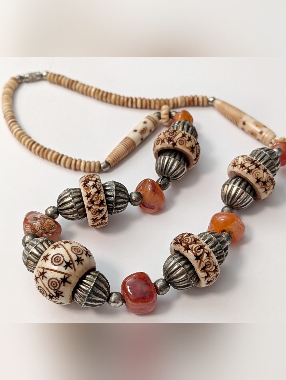 Vintage Boho Style Carved Bone &Agate Nugget Bead Necklace- Stars Spirals